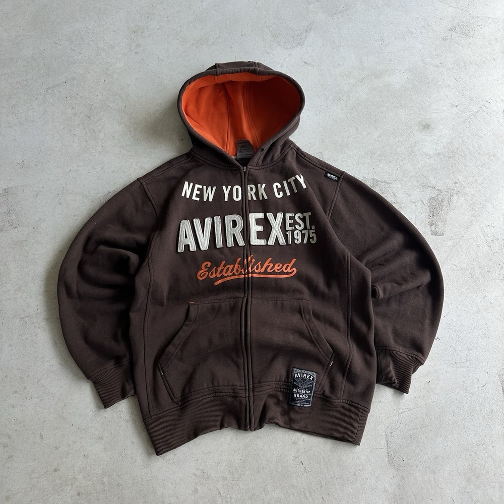 Vintage Avirex Hoodie Mens L Brown New York City Full Zip Graphic Fleece Y2K